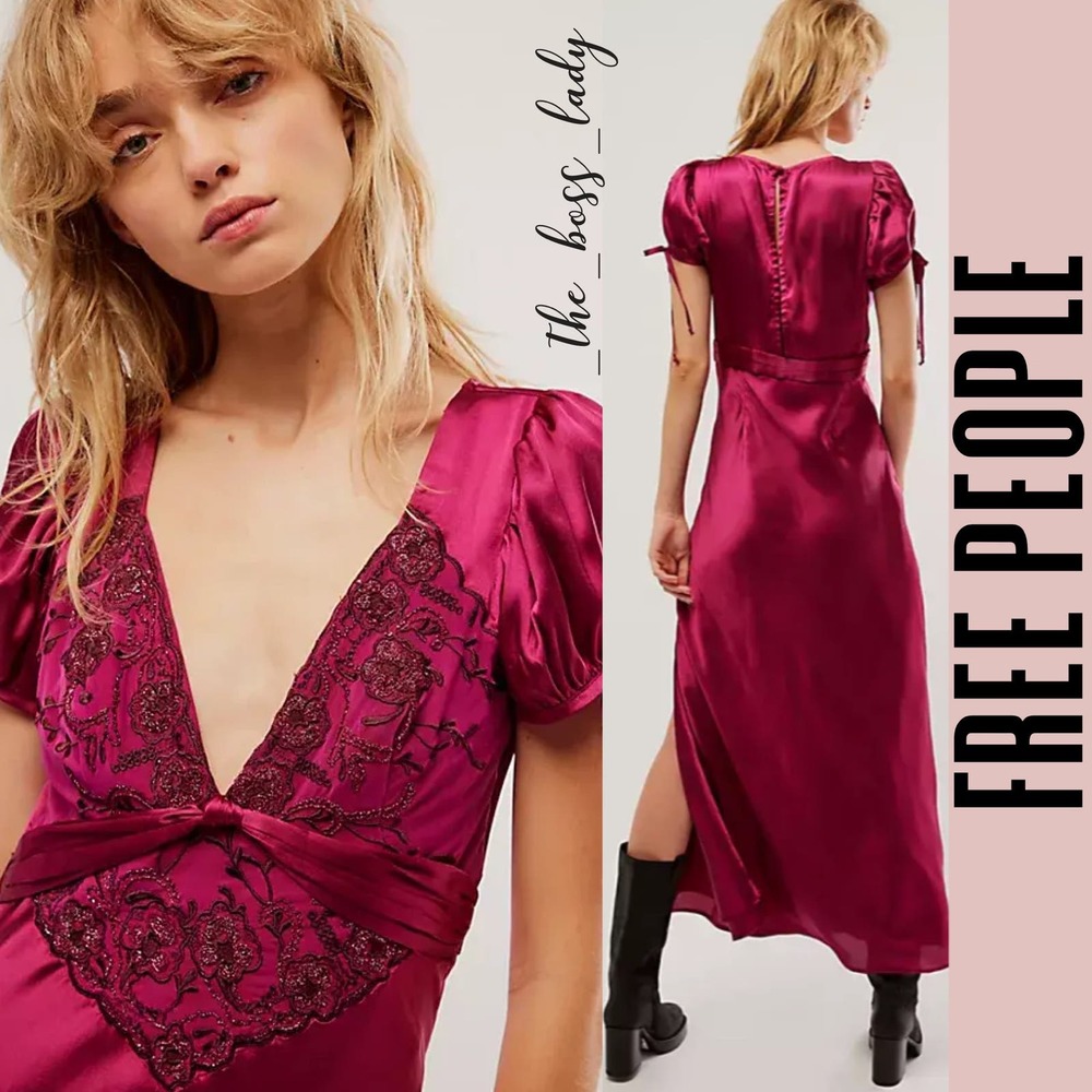 SOLD -D- Free People dress maxi satiny floral embroidered spring cocktail summer - Picture 3 of 6